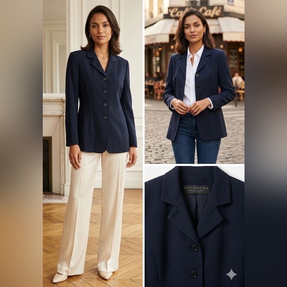 alex garfield‎ sophisticated navy women's blazer size 6 petite 70% triacetate.